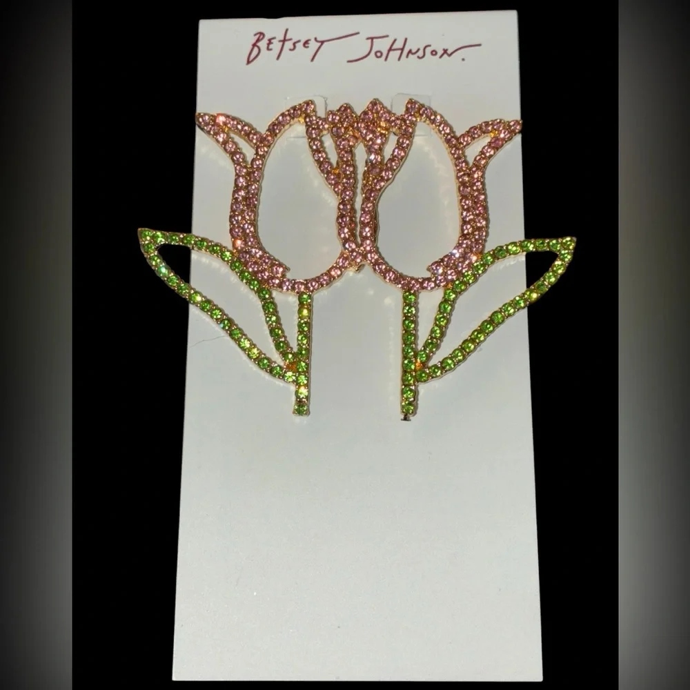 BETSEY JOHNSON Easter Spring Pink & Green Crystal-Studded Tulip Earrings NEW NWT - Picture 3 of 7